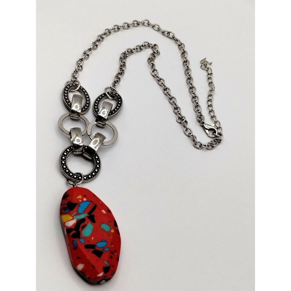 Vintage Terrazzo Red Glass Pendant on Silver Tone Chain Lg Mixed Metal Circles - Picture 6 of 6